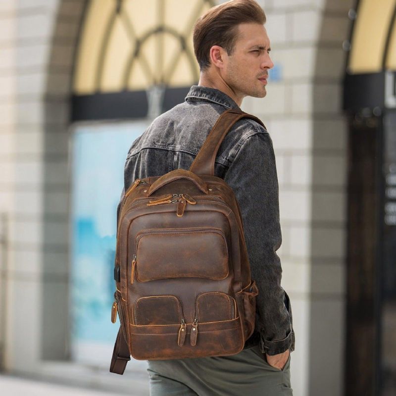 Sac À Dos Cuir Pour Hommes Multi-poches