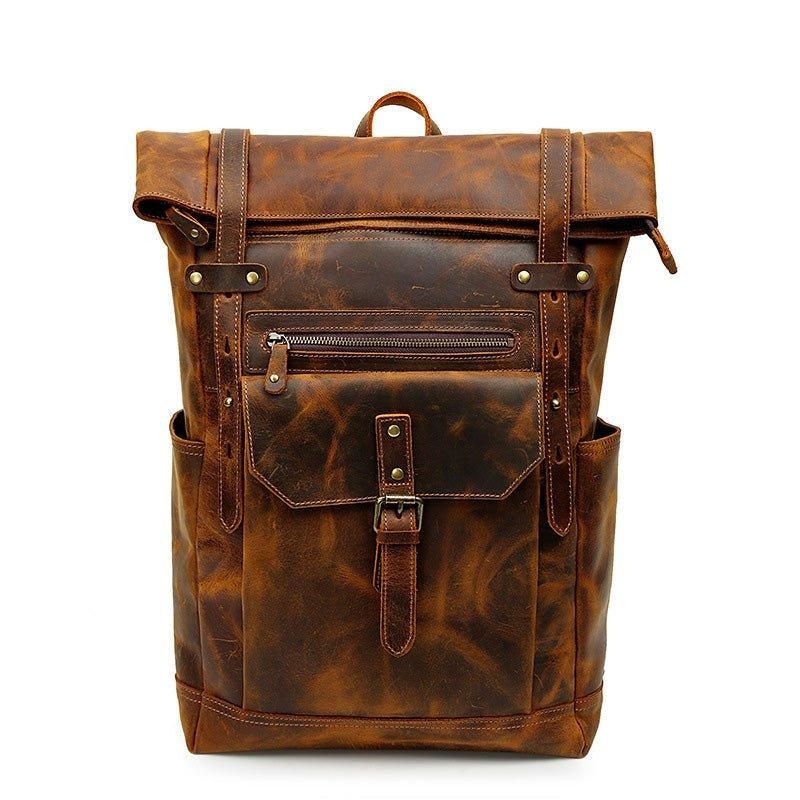 Sac À Dos Cuir Pour Hommes Vintage Roll Top Avec Poche Avant