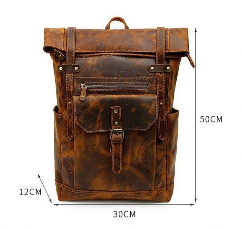 Sac À Dos Cuir Pour Hommes Vintage Roll Top Avec Poche Avant