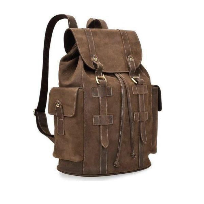 Sac À Dos Cuir Vintage Pour Hommes Voyage Avec Cordon Serrage