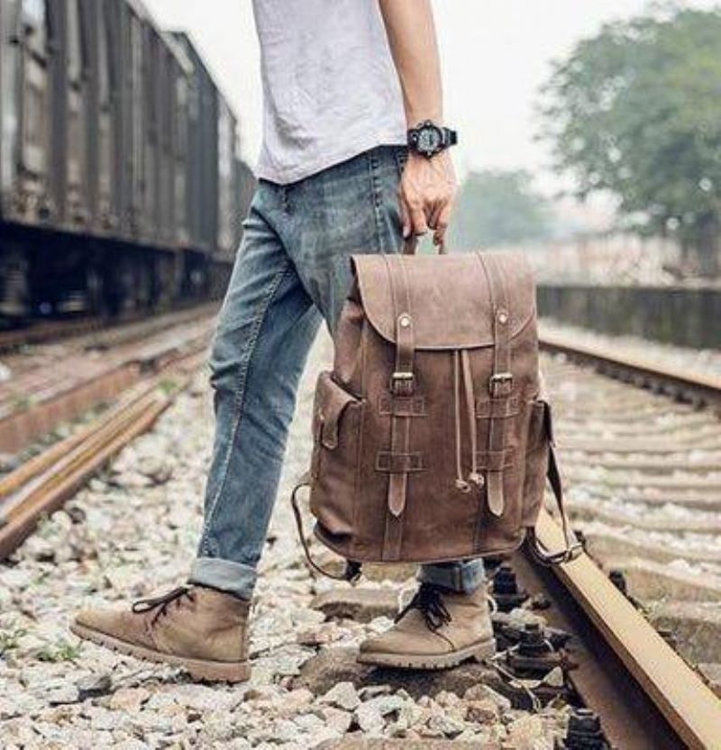 Sac À Dos Cuir Vintage Pour Hommes Voyage Avec Cordon Serrage