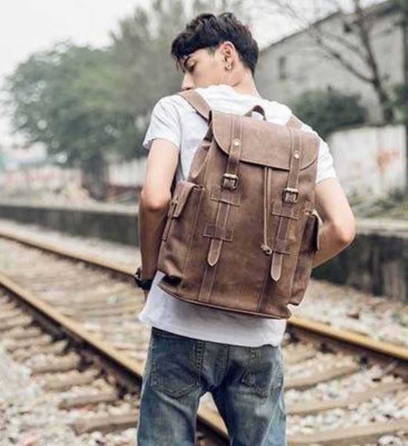 Sac À Dos Cuir Vintage Pour Hommes Voyage Avec Cordon Serrage