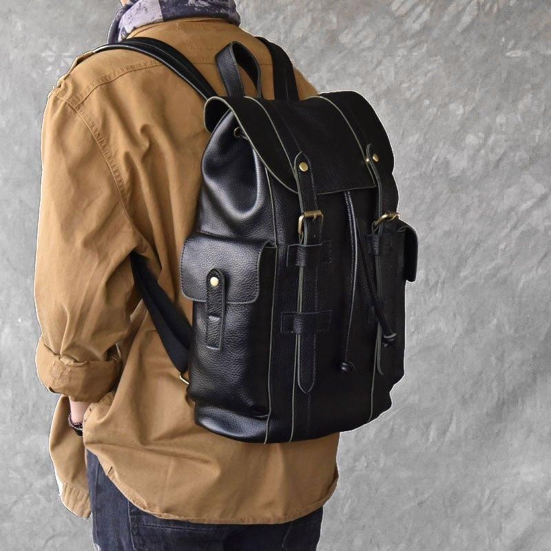 Sac À Dos Cuir Vintage Pour Hommes Voyage Avec Cordon Serrage