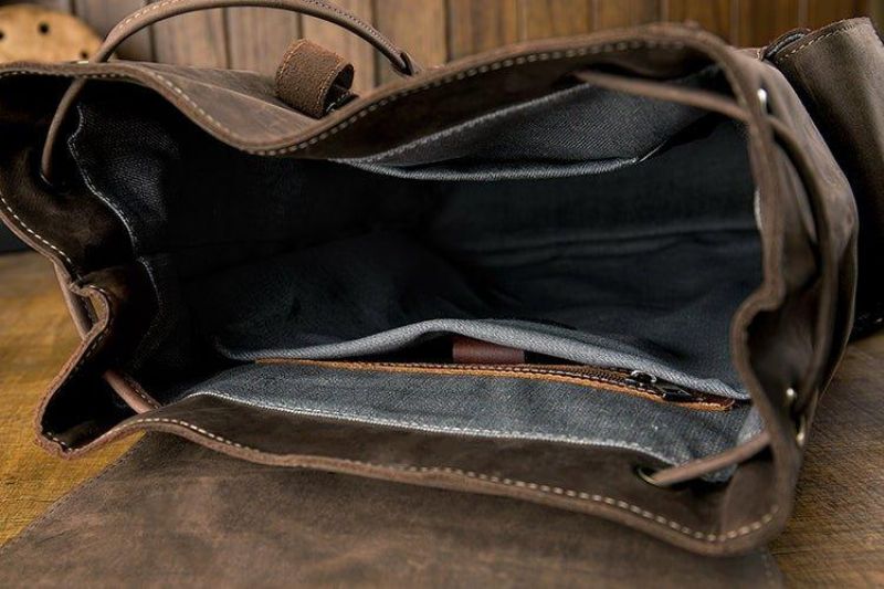 Sac À Dos Cuir Vintage Pour Hommes Voyage Avec Cordon Serrage