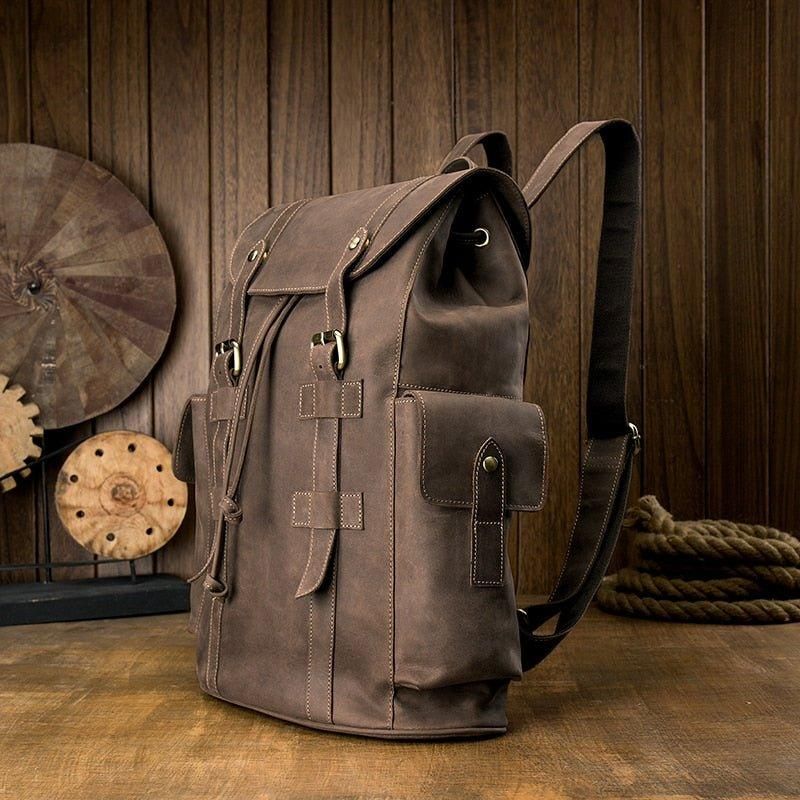 Sac À Dos Cuir Vintage Pour Hommes Voyage Avec Cordon Serrage