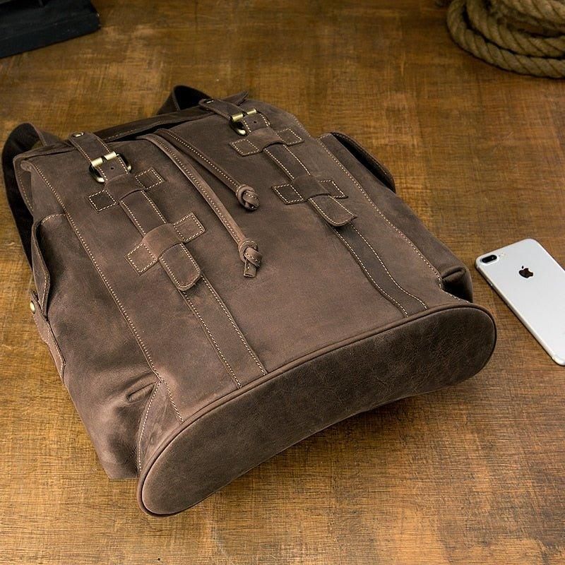 Sac À Dos Cuir Vintage Pour Hommes Voyage Avec Cordon Serrage