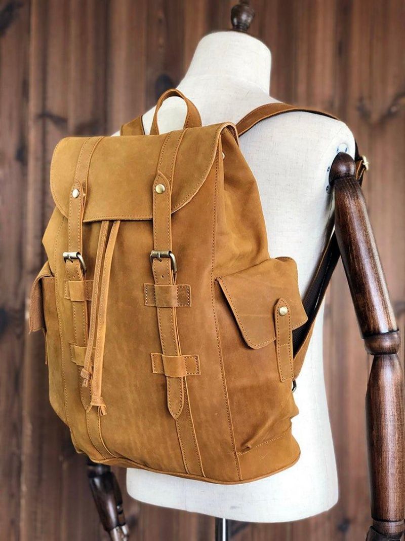 Sac À Dos Cuir Vintage Pour Hommes Voyage Avec Cordon Serrage