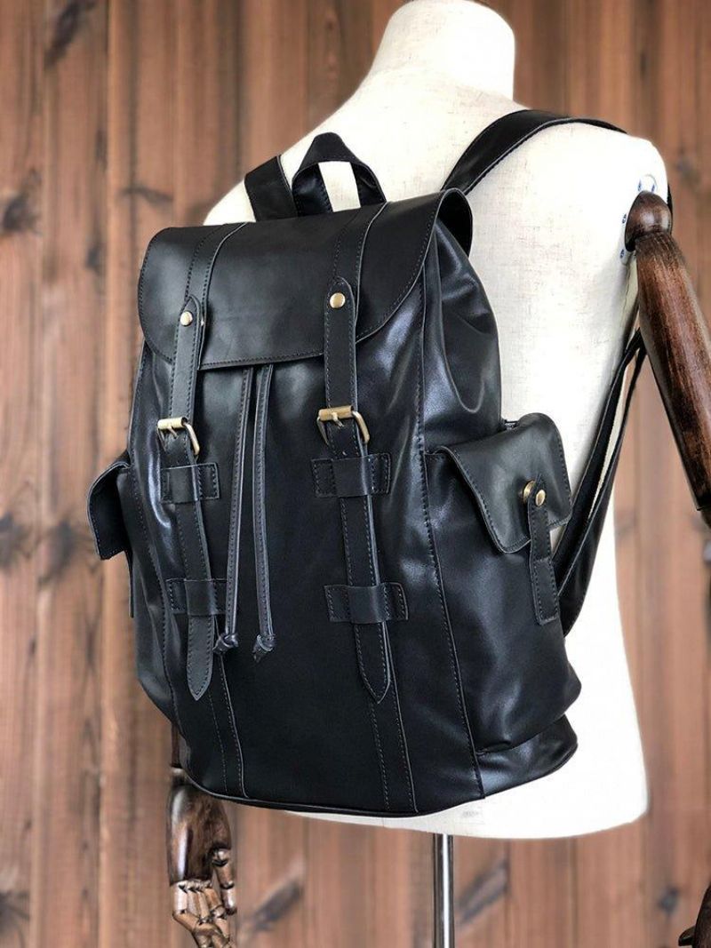 Sac À Dos Cuir Vintage Pour Hommes Voyage Avec Cordon Serrage