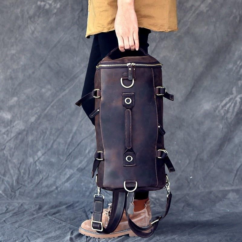 Sac À Dos Cylindrique Vintage Cuir Véritable Pour Hommes