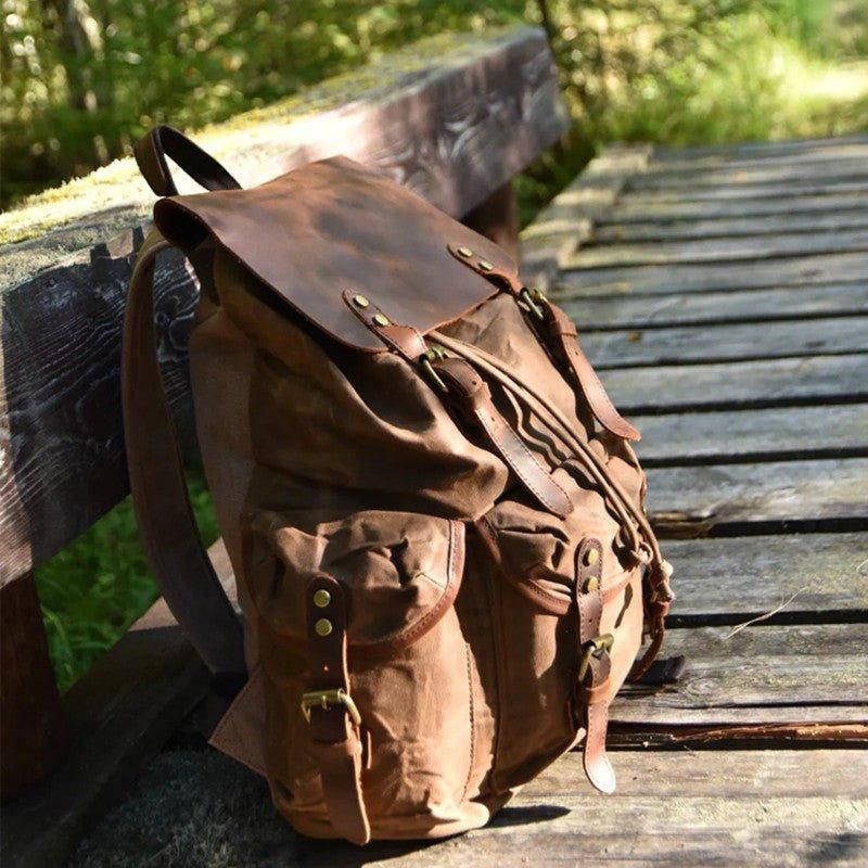 Sac À Dos Vintage Toile Cirée Et Cuir Pour Homme