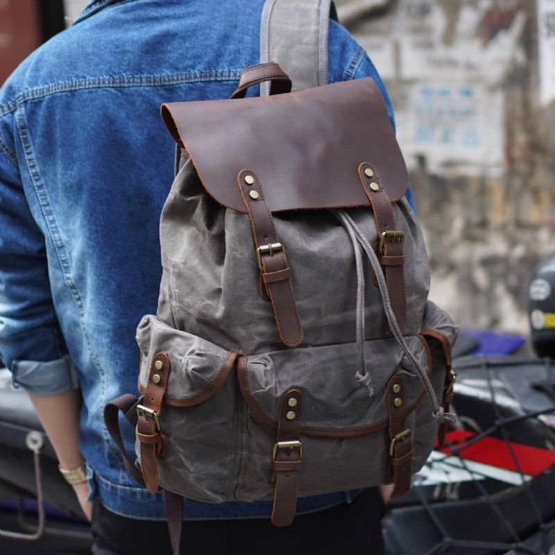 Sac À Dos Vintage Toile Cirée Et Cuir Pour Homme