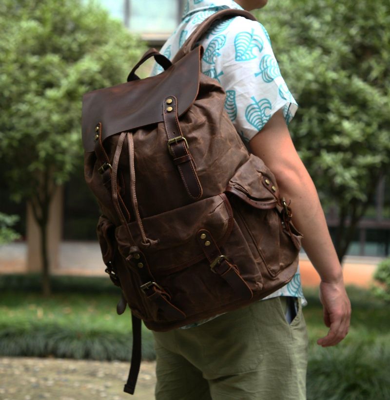 Sac À Dos Vintage Toile Cirée Et Cuir Pour Homme