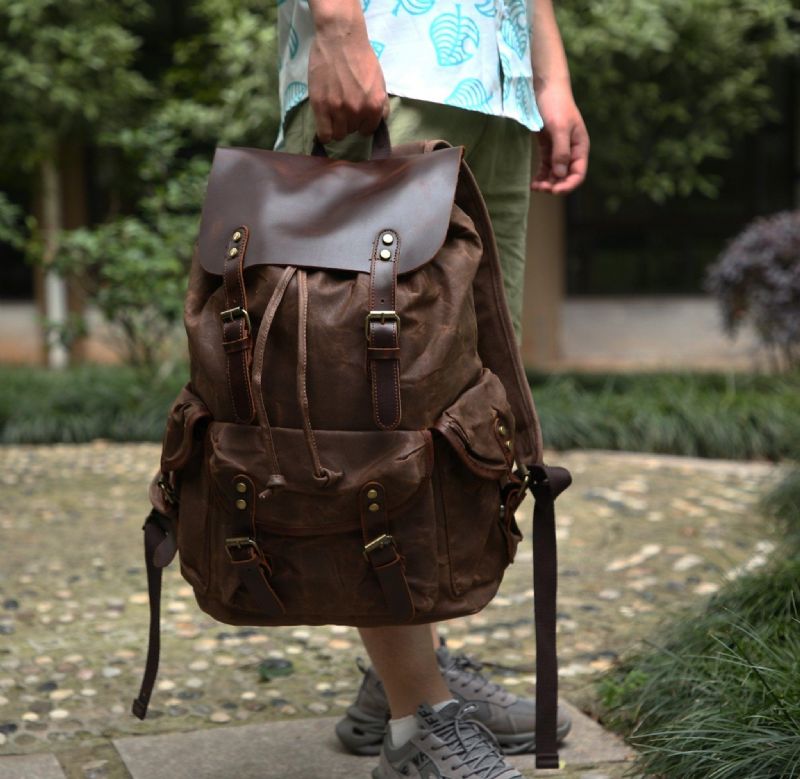 Sac À Dos Vintage Toile Cirée Et Cuir Pour Homme