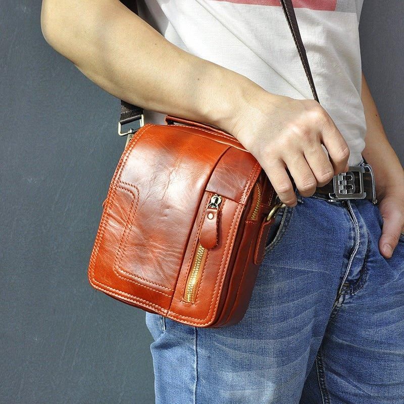 Sac Messager Vintage Cuir Rouge-marron Pour Homme