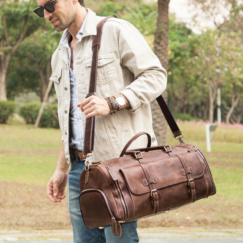 Sac Polochon Cuir Pour Hommes 22 Pouces Avec Poche À Chaussures