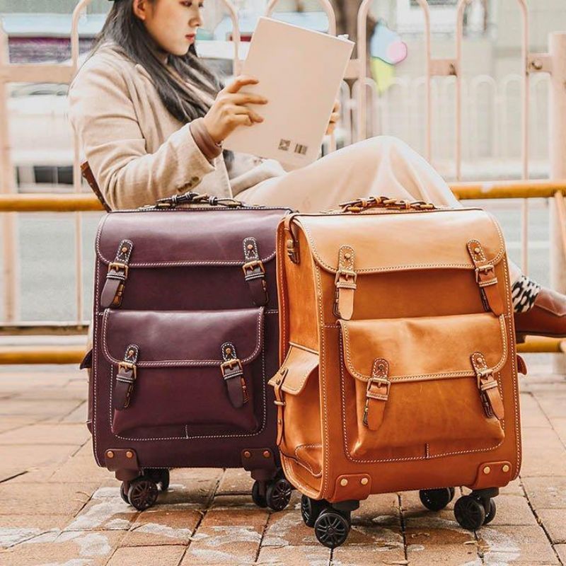 Valise À Roulettes Cuir Vintage 22 Pouces