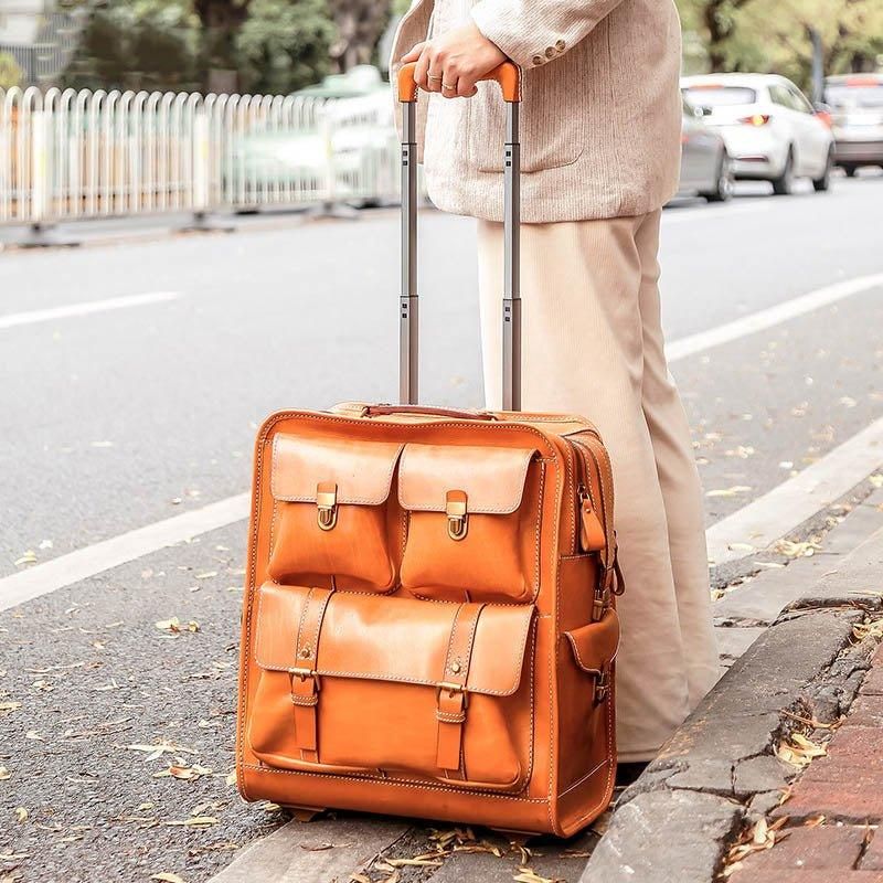 Valise Trolley Cuir Vintage Sur Roulettes 22 Pouces