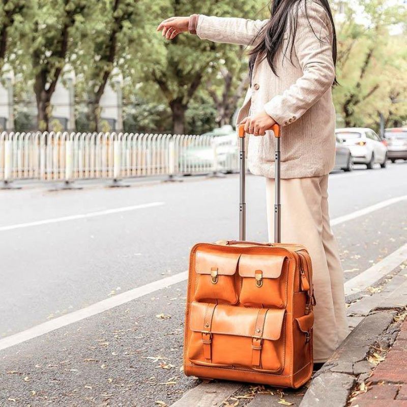 Valise Trolley Cuir Vintage Sur Roulettes 22 Pouces