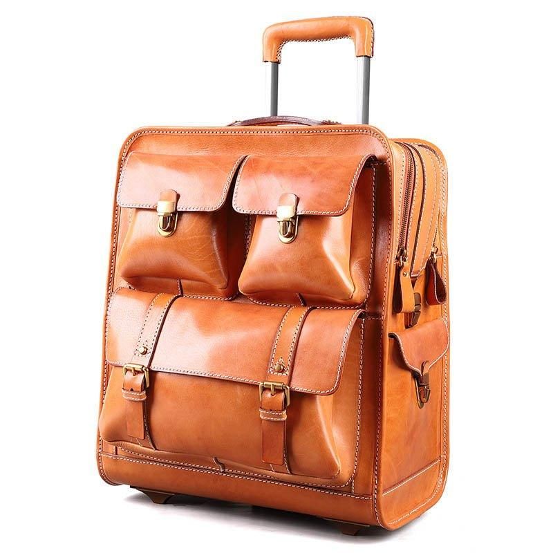 Valise Trolley Cuir Vintage Sur Roulettes 22 Pouces