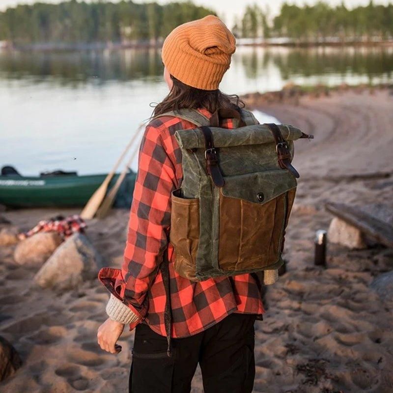 Vintage Roll Top Toile Sac À Dos Voyage Hommes Femmes